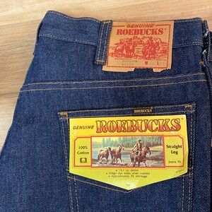 Vintage Roebucks Straight Leg Mens Jeans 36x31 Dark Wash 14 oz Denim USA 70s 80s